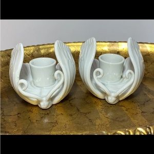 Fitz & Floyd Ivory Butterfly Taper Candle Holder Set with Makers Mark + Sticker